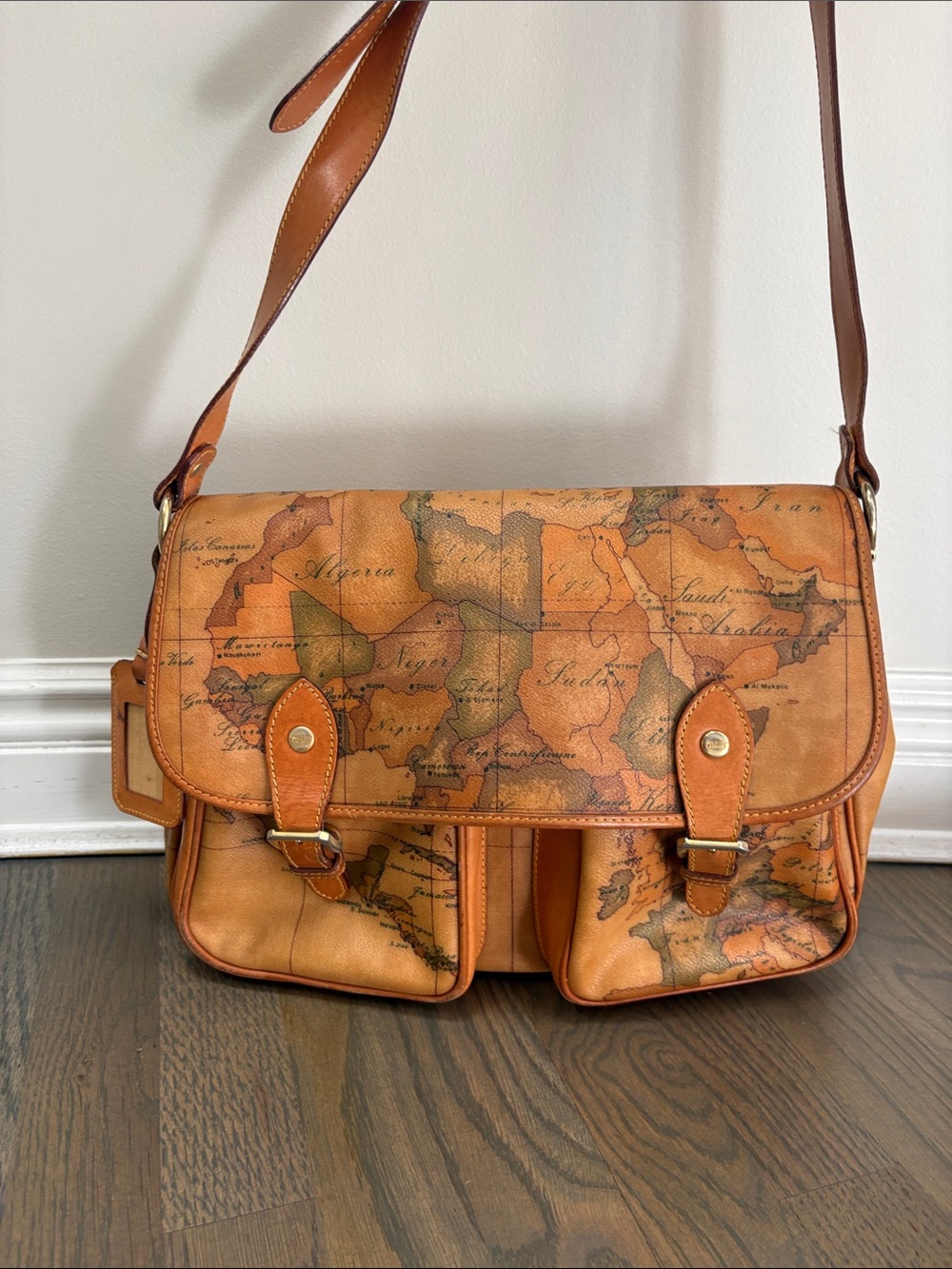 Alviero Martini Tan Map-Print Messenger Bag